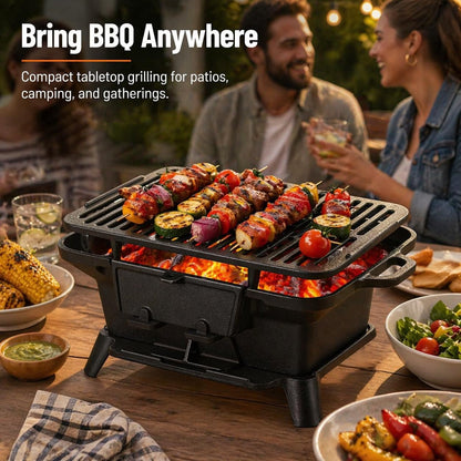 Hibachi Grill Outdoor, Portable Mini Charcoal Grill, Pre-Seasoned Cast Iron, Small Japanese Yakitori Tabletop Skillet Grill Stove for Outdoor Camping