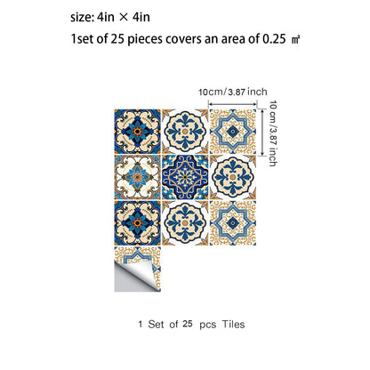 25 PCS Moroccan Style Tile Sticker, 4x4 Inch(10x10cm) Traditional DIY Murals, Tile Waterproof Oil Proof Removable Decals for Bathroom & Kitchen Backsplash (TS-029)