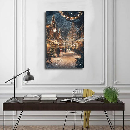 Festive Winter Town Wall Art – Snow Covered Village, Holiday Lights And People Poster Print for Teen Boys Room Wall Art Canvas Painting Print 12x18inch(30x45cm)