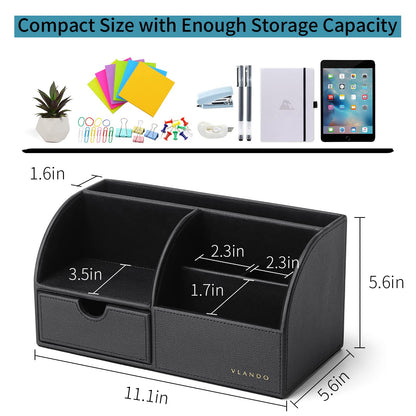 Vlando Office Desk Organizer Leather Desktop Organizer Caddy with Drawer for Storing Desktop Supplies and Accessories (Black)