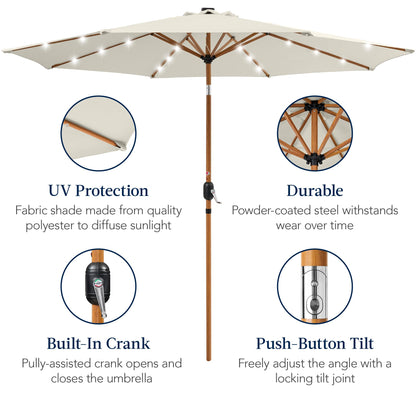 Best Choice Products 10ft Solar Market Patio Umbrella w/Woodgrain Pattern Pole, LED Lights, Tilt & Crank - Outdoor Sun Shade for Backyard Table, Deck, Poolside - Ivory