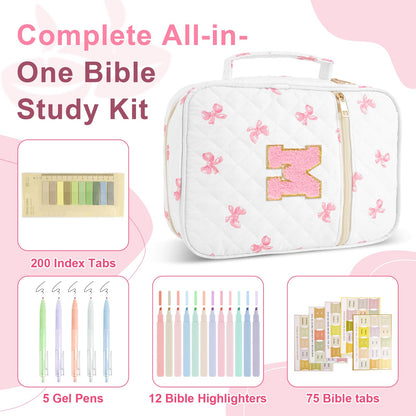 Personalized Initial Bible Cover Case for Women Girls Kid - Large Quilted Bible Case with Handle, Stylish Chenille Letter Bag Study Supplies, Perfect Christmas Gifts for Christians Women (Pink Bow-M)
