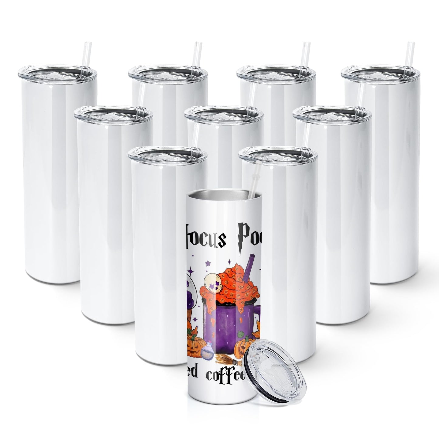 AGH 10 Pack Sublimation Tumblers Blank 20 OZ Straight Skinny Tumbler with Straw, Stainless Steel Double Layer Insulated Mug, Individually Box, Travel Tumblers