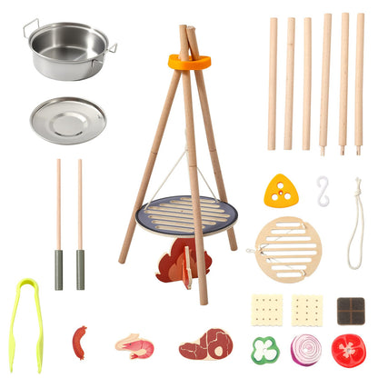 Wooden Kids Camping Toy Set, Campfire Cooking Play Set with Tripod Grill, S’Mores & Kebab Skewers, Montessori Pretend Camping Kitchen Gift for Toddlers Ages 3–6