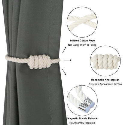 BEL AVENIR Magnetic Cotton Curtain Tiebacks, Decorative Drapery Holdbacks Modern Woven Tie-Backs with Exquisite Knot (Cotton, 2 Pack)