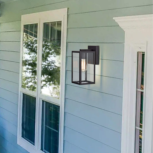 MICSIU 2 Pack Outdoor Light Fixture, 11 Inch Modern Farmhouse Exterior Wall Sconce with Clear Glass, Textured Black Outside Porch Lights for House Garage Patio, E26 Base, ETL Listed