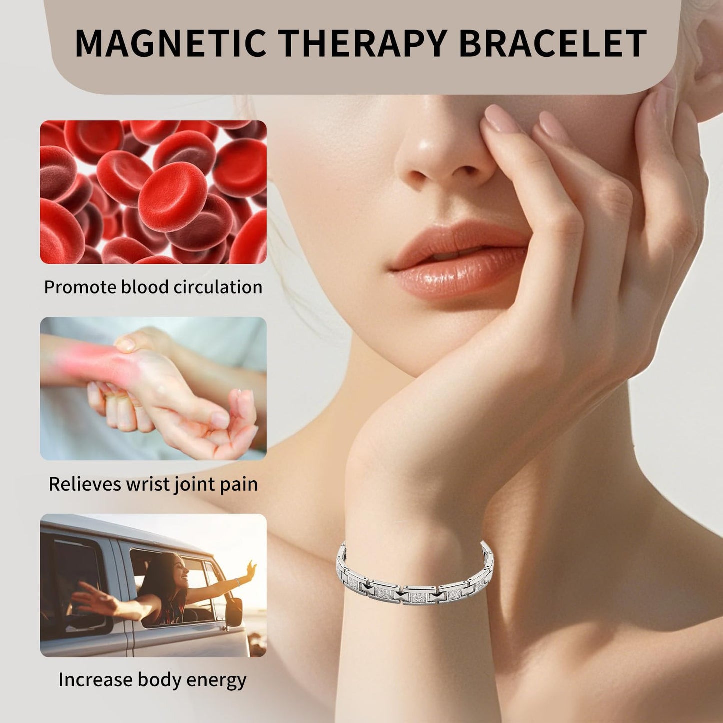 KYOSI Womens Titanium Magnetic Bracelet with Cubic Zirconia Accents, Magnet Bracelets for Women, Elegant Jewelry Gift for Everyday Wear