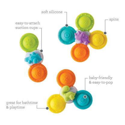 Infantino Silicone Bath Pop Spinners - Sensory Dinosaur Toys with Suction Cups, Engaging Bath Time Fun for Toddlers, 3-Piece