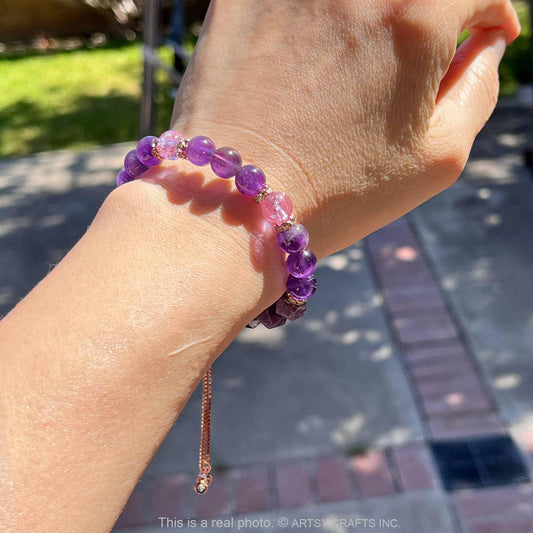 ARTSY Crafts Amethyst + Glow in The Dark Firefly Beads Bracelet, Handmade in USA, Luminous Murano Glass Beads Jewelry Mermaid Crystals (Amethyst - Slider)