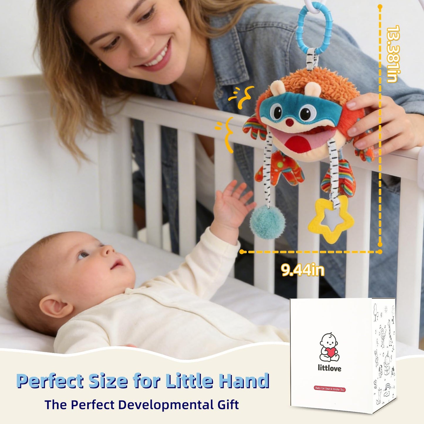 Baby Car Seat Toys Hanging- Sensory Ball Travel Toys for 6 7 8 9 10 11 12 Monthes with Rattle, Teether, Squeaky, Crinkle,Textures, Soft Montessori Plush Toys Newborn Gift Boys Girls Infant Roadtrip