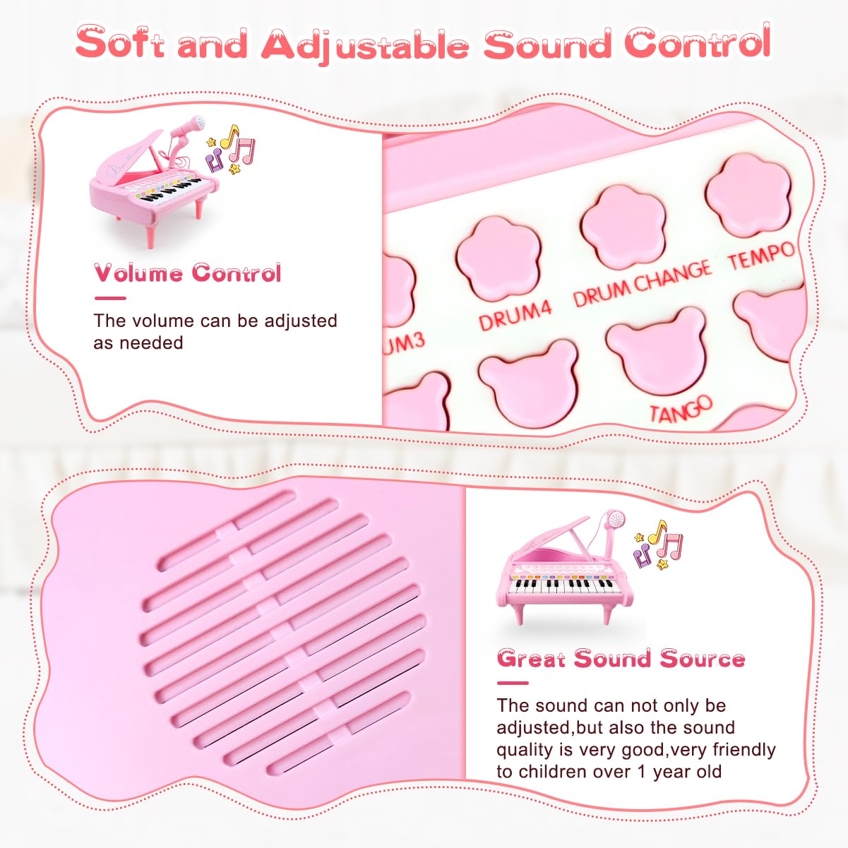 Love&Mini Pink Piano Toys for 1+Years Old Girls First Birthday Gifts Toddler Piano Music Toy Instruments with 24 Keys and Microphone