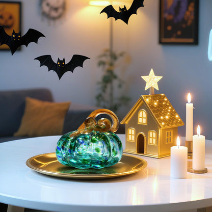 AOFEGRLT 3" Large Blown Glass Pumpkin Figurine Collectible Thanksgiving Fall Harvest Pumpkin Crystal Glass Paperweight Decorations for Home(Green)