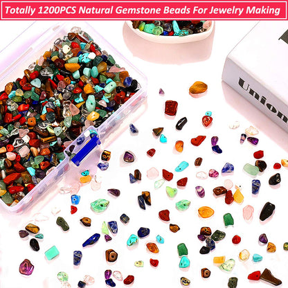 Natural Stone Chip Beads - 1200PCS Mixed Color Healing Crystal Rock Beads - 20 Colors - Hole Drilled for DIY Art Crafts (20 Colors - 1200PCS)