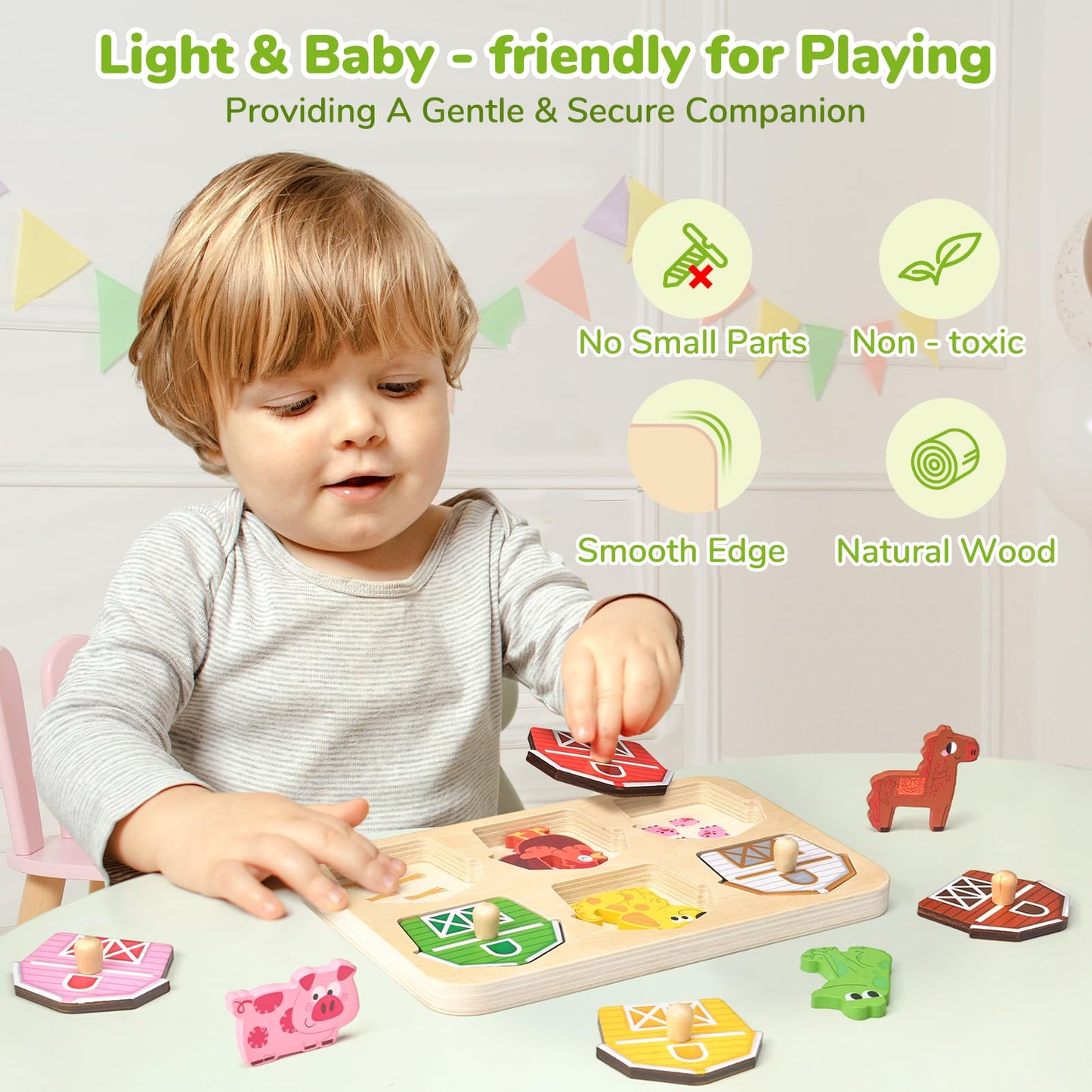 JoyCat Wooden Puzzles for Toddlers 1-3, Montessori Toys for 1 2 Year Old Boy Girl Birthday, Animal Match Farm Peg Puzzles, Preschool Learning Toys for Toddlers Age 1-2