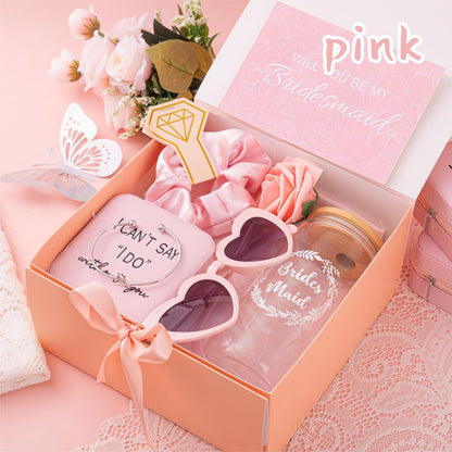 6 Sets Pink Bridesmaid Proposal Gifts, Maid of Honor Gift Includes Wedding Gift Box Jewelry Box Makeup Bag Bracelet Foam Flower Invited Card Glasses Cup Hair Tie for Bridal Shower Bachelorette Party