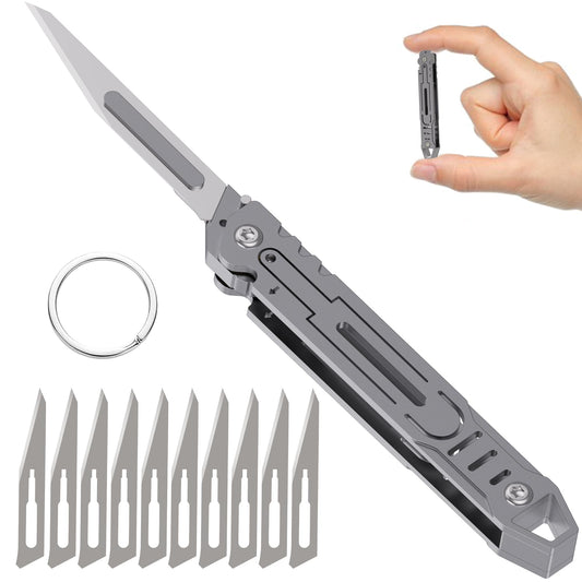 Folding Scalpel Knife-Small Keychain Knife Compact EDC Tool with 11 Replaceable Scalpel Blades-Stainless Steel Pocket Cutter for Packages,Boxes,Ropes&Crafts