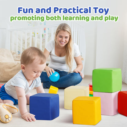 Foam Building Toys for Toddlers: 6Pcs Waterproof PU Leather Soft Foam Blocks - Colorful Large Stacking Blocks - Early Learning Construction Play Set for Kids Indoor Birthday Gift Preschool (Rainbow)