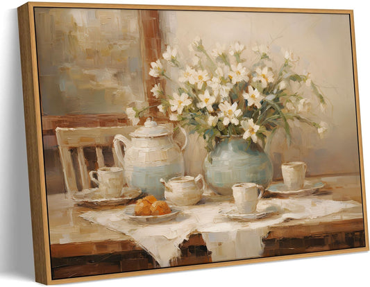 Floating Framed Vintage Daisy Kitchen Canvas Wall Art, Rustic Farmhouse Painting Picture Wall Decor, Still Life White Floral Oil Poster Print Artwork, for Kitchen Home Decoration, 12x16in