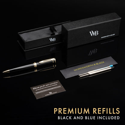 Wordsworth and Black Luxury Ballpoint Pen Set - Black Lacquer 24K Gold Finish, Refillable Fine Point, Elegant Gift for Men & Women, Includes Ink Refill, Nice Pens for Work