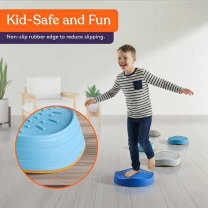 Special Supplies Stepping Stones for Kids, 5 Balance Indoor and Outdoor Blocks Promote Coordination, Balance, Strength, Child Safe Rubber, Non-Slip Edging, Stackable (Ocean)