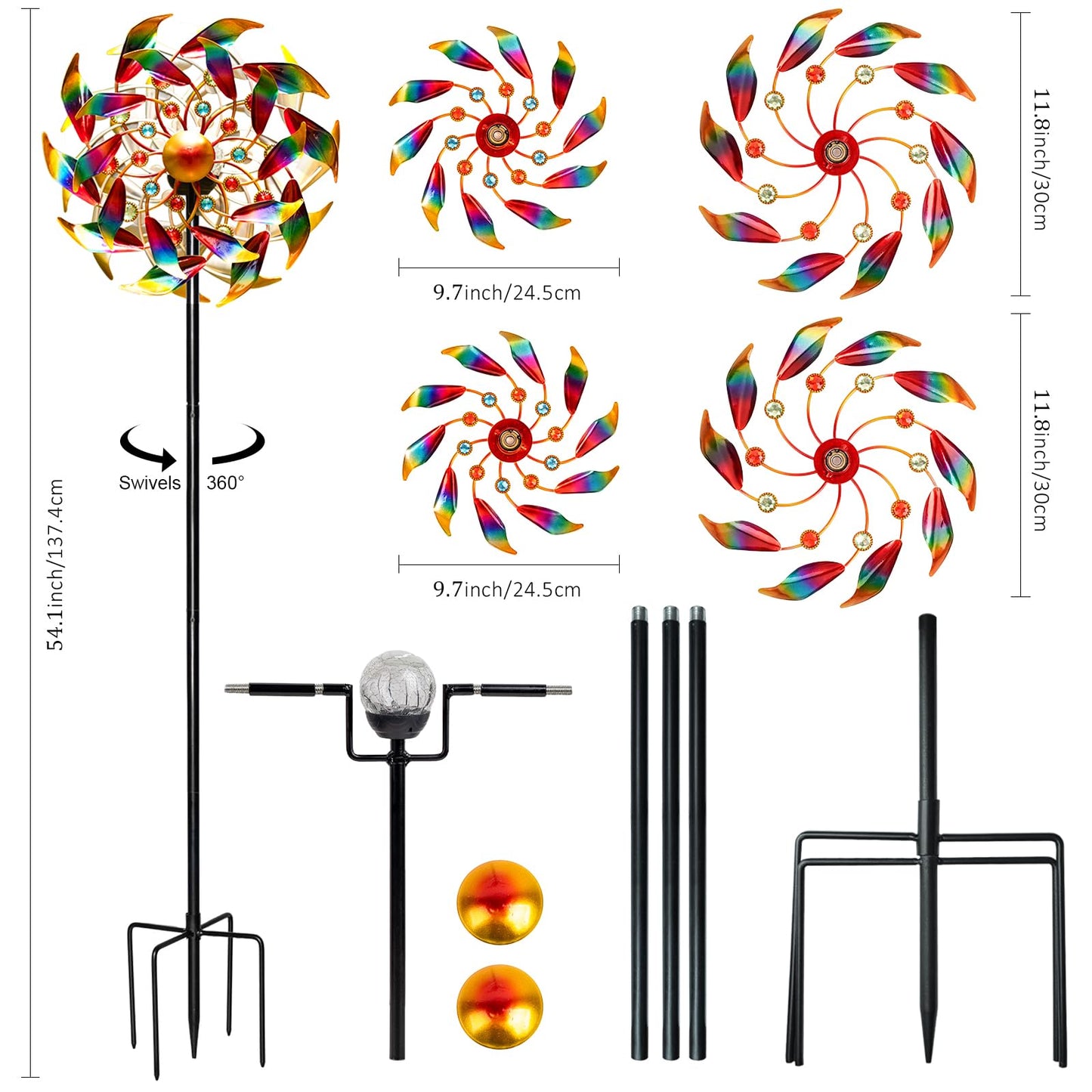 Solar Wind Spinners for Yard and Garden - 360° Metal Large Wind Sculptures Outdoor Clearance Kinetic Windmills with 4 Layer Jeweled Blades for Patio, Lawn Garden Decoration - 54Inch