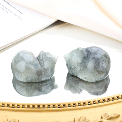 QINJIEJIE Cat Decor Statue White Labradorite Crystal Healing Stone Figurine Decor Polished Gemstones Cute Kitten Gifts Stocking Stuffers Home Office Desk Decor Cats Gifts for Cat Lover 1.6"