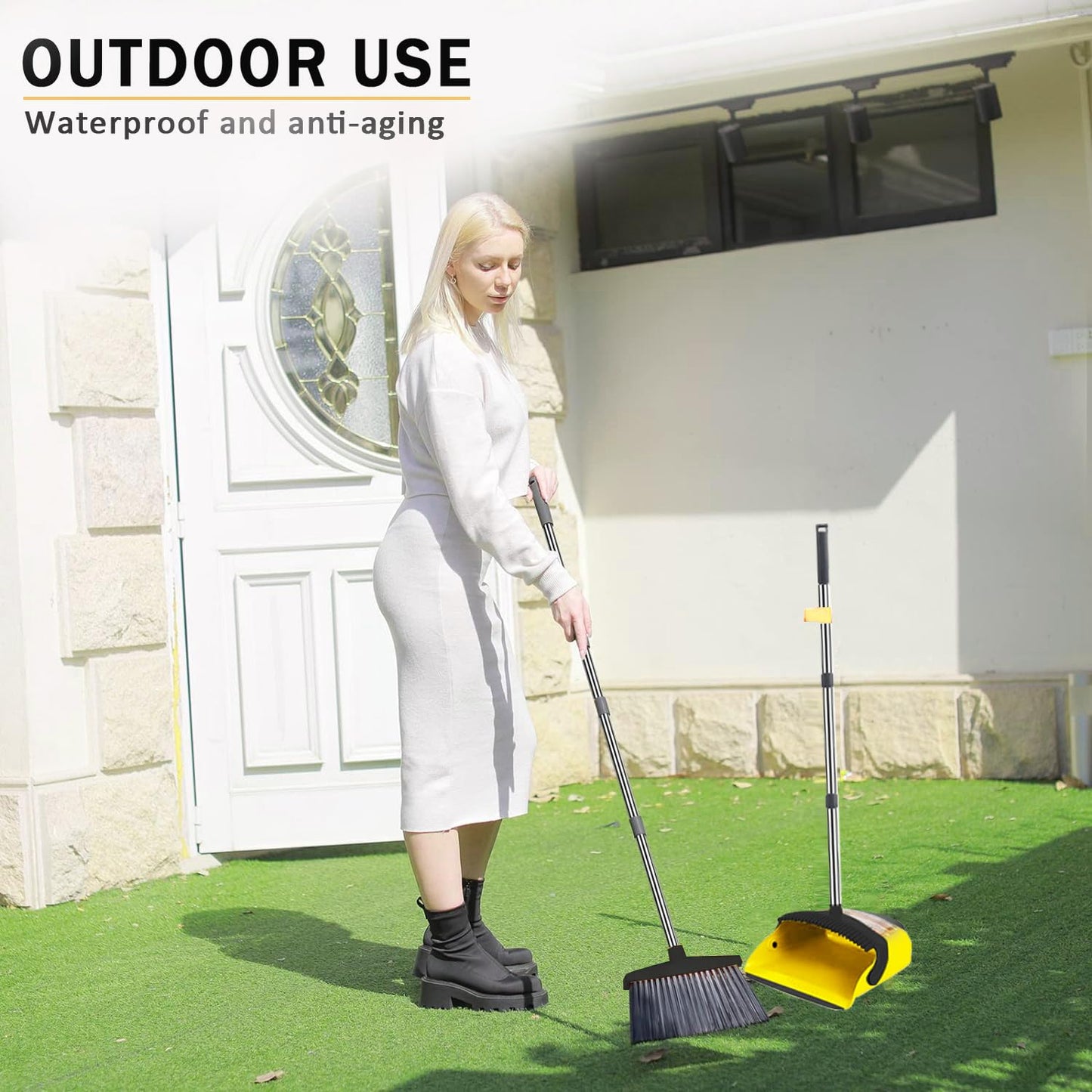 2-Pack is More economical,Brooms with Dustpan Combo Set， with 52" Long Handle, Dustpan Teeth with self-Cleaning Function, Indoor and Outdoor Sweeping, Perfect for Home Office(Large/Yellow /2-Pack)