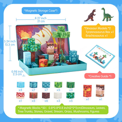 hahaland Mini Magnetic Blocks Travel Set with Magnetic Case - 52 PCS Magnet Building Cubes Dinosaur Toys for Kids 3-5 Toddler Travel Toys Airplane Essentials, Stem Toys 4 Year Old Boys 3 Year Old Gift