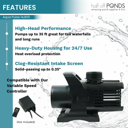 HALF OFF PONDS Submersible Water Pump, 14,800 GPH Pond Pump with 33FT Power Cord and 35.5FT Max Head, 1,100W Ultra Quiet Energy Efficient Pump for Koi Pond, Fountain, Waterfall, Water Garden, Skimmer