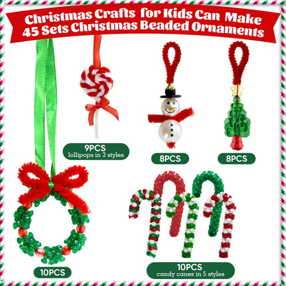 Hifunwu 45 Sets Christmas Beads Ornament Kit, Christmas Crafts with Pipe Cleaners to Make Snowman Christmas Tree Wreath Candy Cane Lollipop