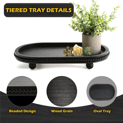 SYNCVIBE Wooden Decorative Tray for Home Decor, Beaded Black Oval Tray Decor for Coffee Table, Rustic Wood Serving Trays Farmhouse Centerpieces for Living Room Kitchen Counter (Black Oval)