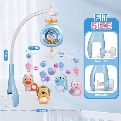 ZFSZSY Crib Mobile with Music and Lights,Mobiles for Cribs, Baby Mobile Arm Toys Hanging for Girls Boys Infants 0-6 6-12 Months, Bassinets Nursery Musical Portable Mobile Clip On Pack and Play(Bule)
