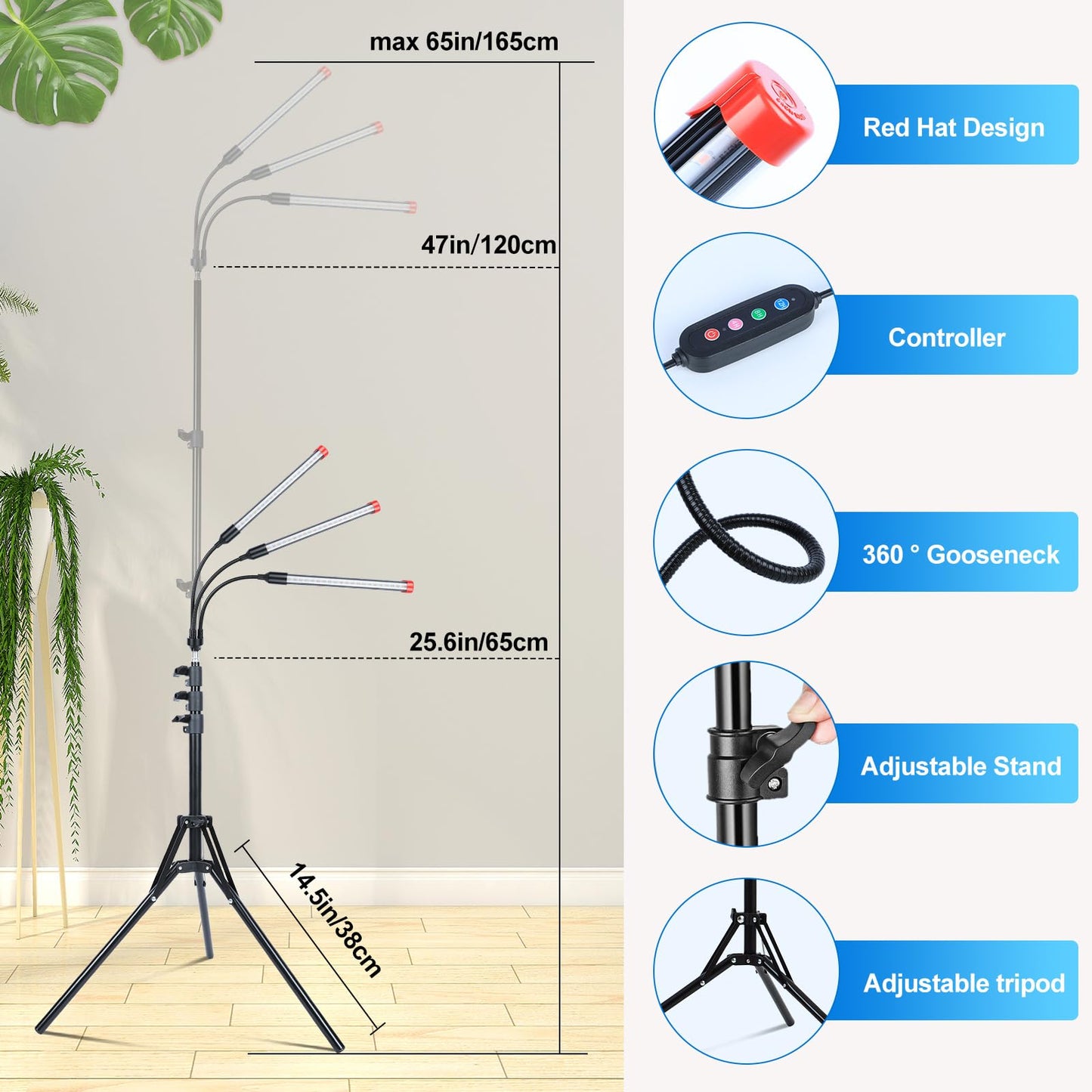 Orchbloom 3Head Grow Light with Stand, 5-Mode Timer 4/8/12/16/20H, 27 Watt Power Home Plug LED Grow Lights for Indoor Plants for Tall Houseplants, Bonsai Tree, Seed Starting, 24"-64" Adjustable Height