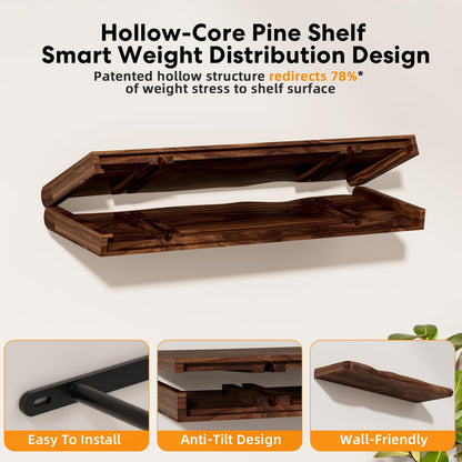Avytronx Solid Wood Live Edge Floating Shelves Set of 2 – 24" Rustic Wall Shelf with Hidden Bracket System, Wall Mounted Shelves for Bathroom, Kitchen, Living Room, Bedroom (Walnut)