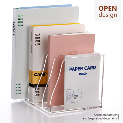 YUXUN Clear Acrylic File Folder Holder - 4 Vertical Compartments Desk Document Sorter, Upright Magazine Rack for Office/Home/Classroom, Stores Documents, Tablets, Magazines, Books & Accessories