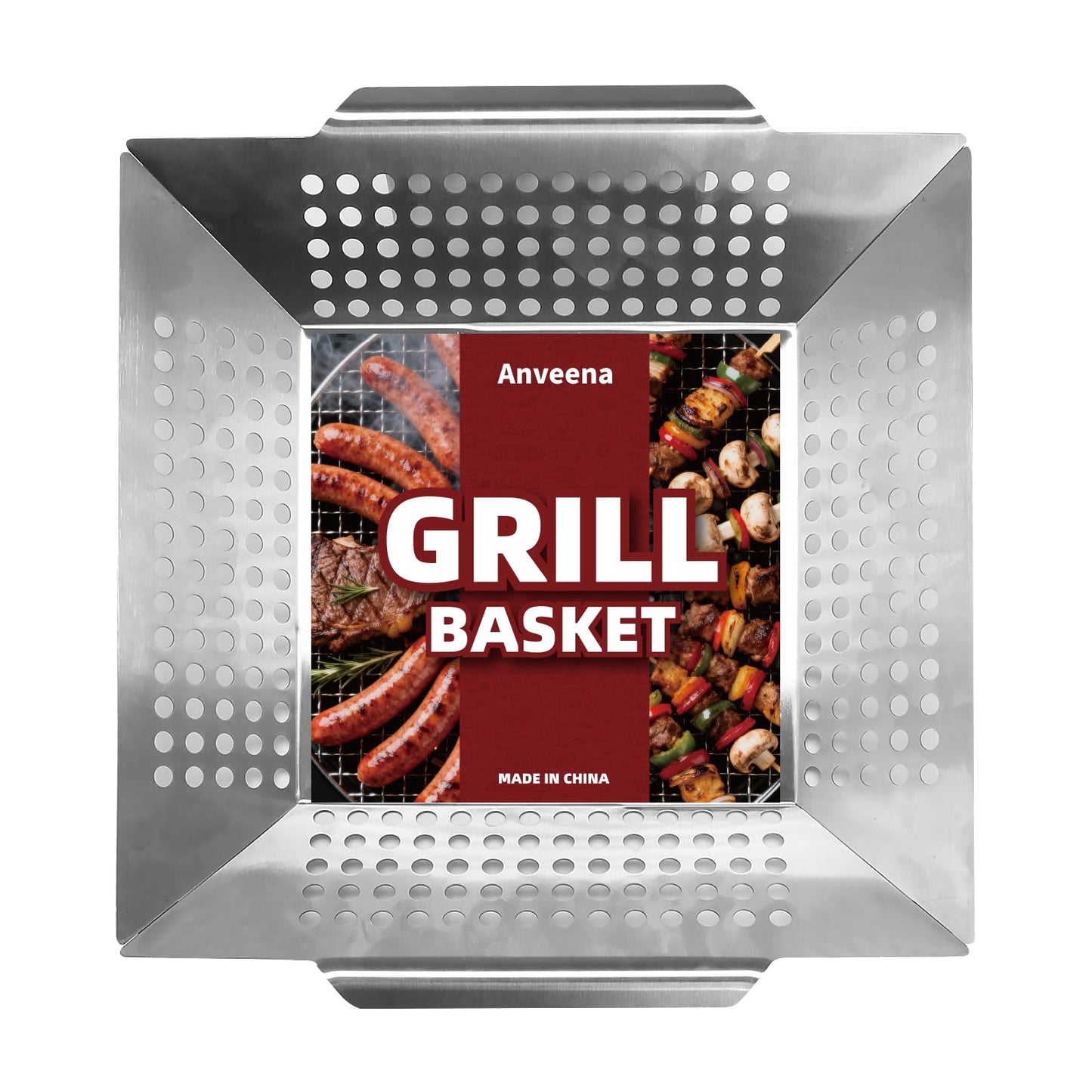 Anveena Grill Baskets 1 Pack Stainless Steel Grilling Basket for Indoor and Outdoor Use, Heavy Duty Vegetables Grill Basket for Veggies and Kabob, Suitable for All Grills, Dishwasher Safe