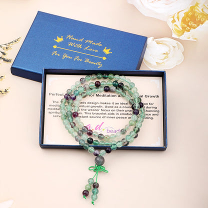AD Beads 6mm 108 Prayer Mala Fluorite Elastic Bracelet - Wisdom and Creativity - Handmade Yoga Meditation Healing Power Energy Gifts for Unisex Adult.