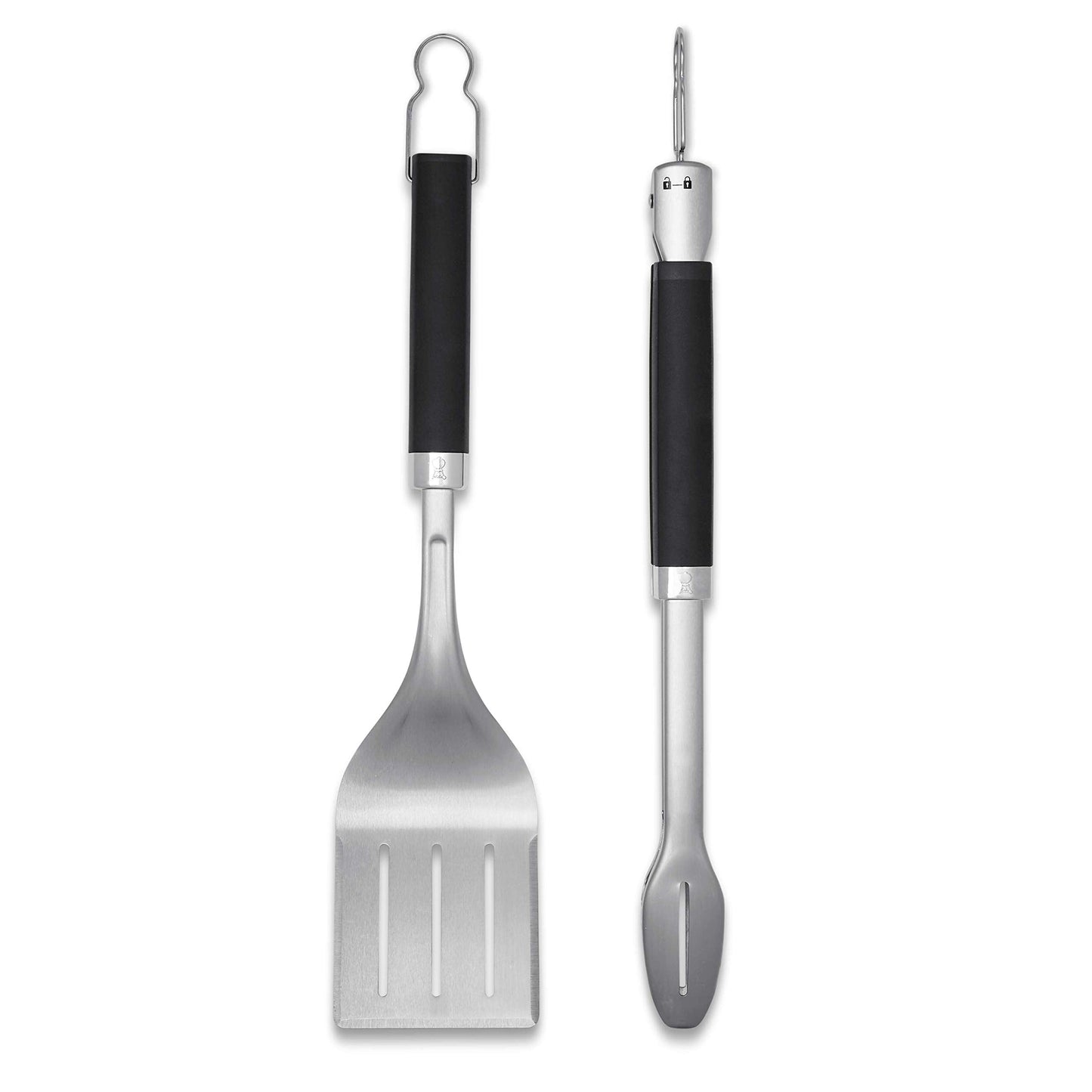 Weber Precision Tongs & Spatula Grilling Tool Set – Stainless Steel BBQ Tools with Hands‑Free Locking Tongs, 3‑Sided Beveled Spatula, Non‑Slip Soft‑Touch Handles