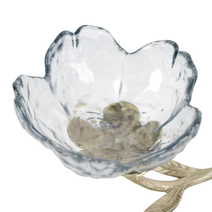SOFFEE DESIGN Dark Glass Flower Jewelry Tray with Gold Metal Leaf Base, Jewelry Dish Ash Tray for Vanity Table, Moody Home Decor Accent