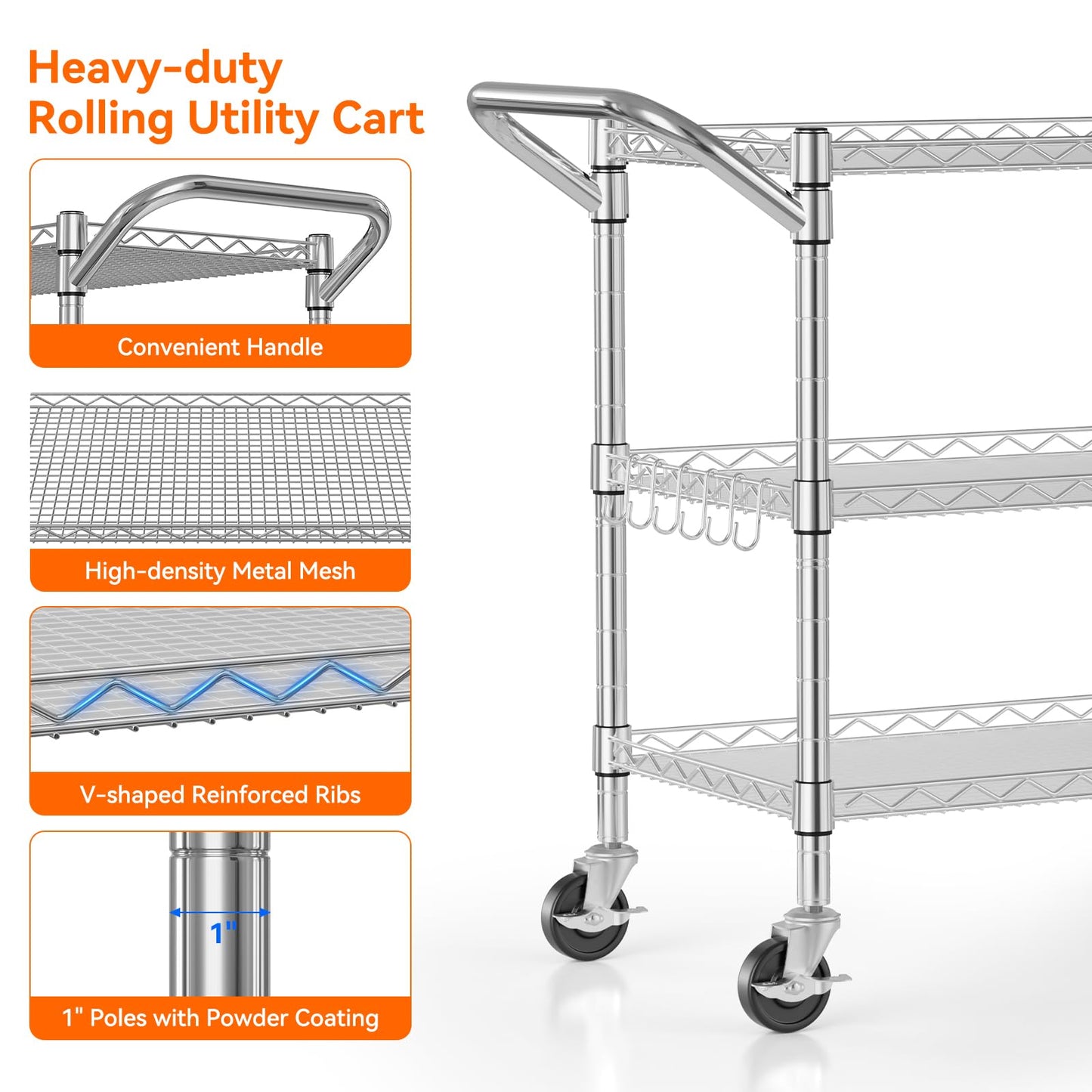 NTE 3 Tier Heavy Duty Rolling Utility Cart on Wheels, 990Lbs Capacity Rolling Wire Cart, Kitchen Carts on Wheels, NSF Commercial Metal Serving Cart with Handle and Shelf Liners for Kitchen, Restaurant