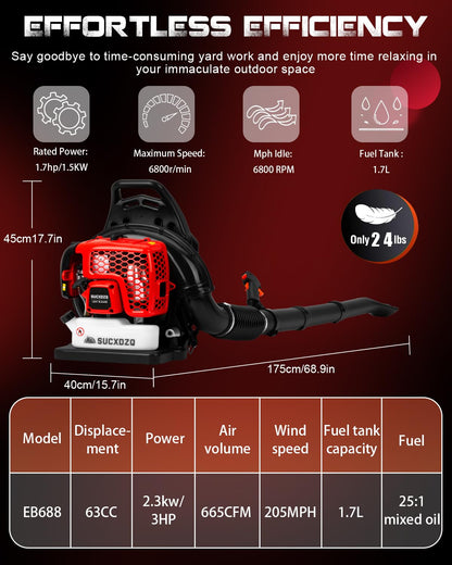 EIDOWA 63CC Gas Backpack Leaf Blower – 665 CFM, 205 MPH, Commercial-Grade Gas Blower for Landscaping, Snow Removal, and Heavy-Duty Yard Work – Lightweight, Quiet for Residential Areas (Red)