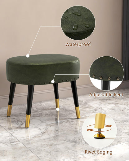 LITZFUR Vanity Stool Chair for Makeup, Pu Leather Oval Footrest, Vintage Rivet Ottoman Bench with Metal Legs, Dressing Stool for Batheroom, Living Room, Entryway, Green
