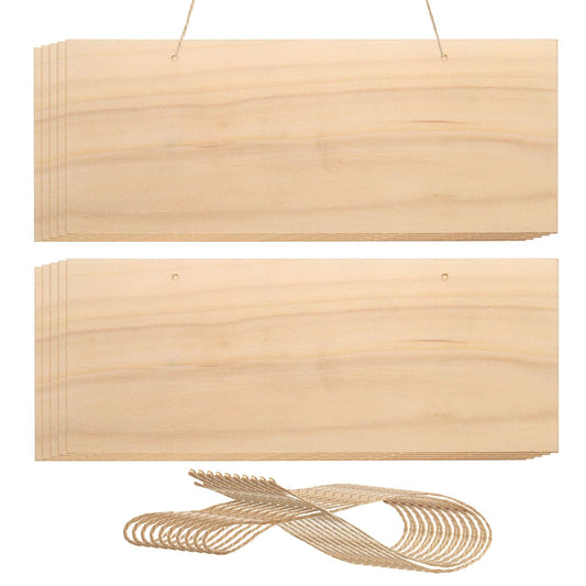 MECCANIXITY Hanging Wood Sign with String, 10"x4" Rectangle Wooden Blank Wood Plaque for Painting, Writing, Door Hanger, Making Sign, Pack of 10