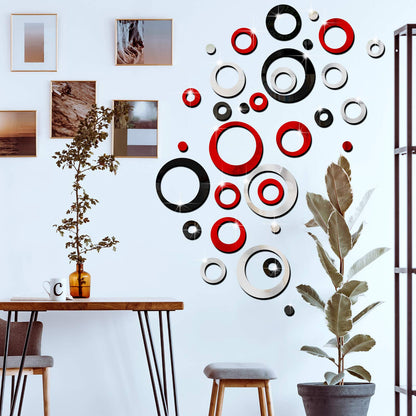 Outus 72 Pieces Wall Stickers Decor Acrylic Circle Mirror Removable Red and Black Wall Decor Round Dots Bulk DIY Red Living Room Decals Modern Art Murals for Home Bathroom Bedroom Decoration