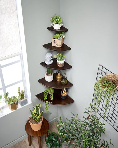 Conamily Corner Shelf,14inch Walnut Solid Wood Floating Corner Shelves Wall Mount Round End Floating Speaker Rack with Wire Hole for Small Plant for Bedroom Kitchen, Living Room