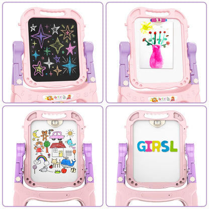 Kids Art Easel, Adjustable Drawing Whiteboard & Chalk Board, Double Sided Toddler Easel with Painting Accessories, Birthday Gift Toy for Little Girls Boy Age 2 3 4 5 (Pink)