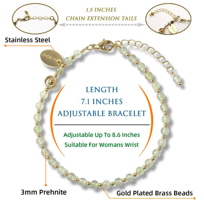 Morchic 3mm Green Prehnite Natural Gemstone Beaded Bracelet for Women, Dainty Tiny Charm Jewelry, Adjustable 7.1-8.6", Ideal Birthday Holiday Gift