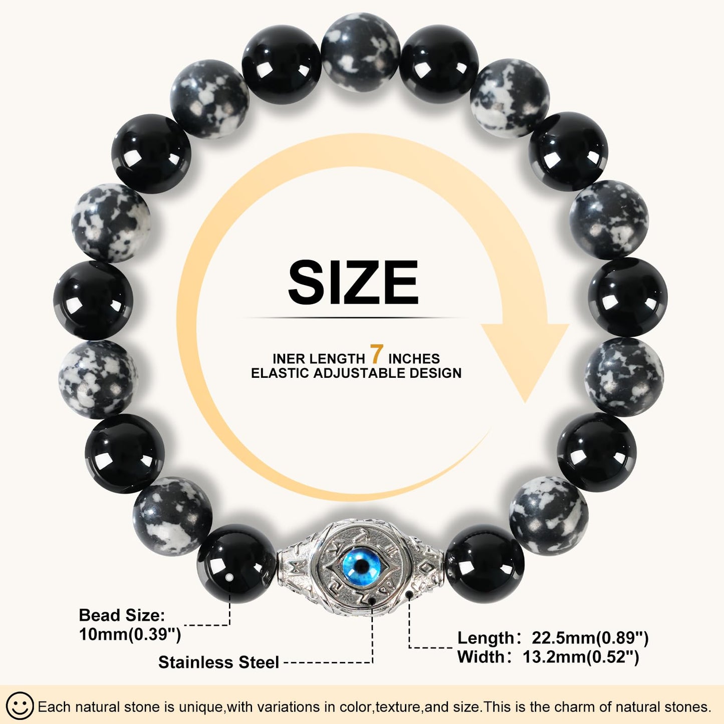 Men's Evil Eye Bracelet, 10mm Beaded Bracelet with Natural Gemstones, Adjustable Elastic Design, Gift for Anniversary, Christmas and Thanksgiving, Silver Obsidian/Tiger Eye/Hematite/Snowflake Obsidian/Black Agate