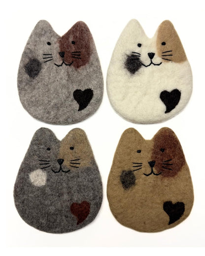 Humble Hilo Handmade Animal Felt Coaster Set of 4, Absorbent Coaster for Animal Lover (Cats)