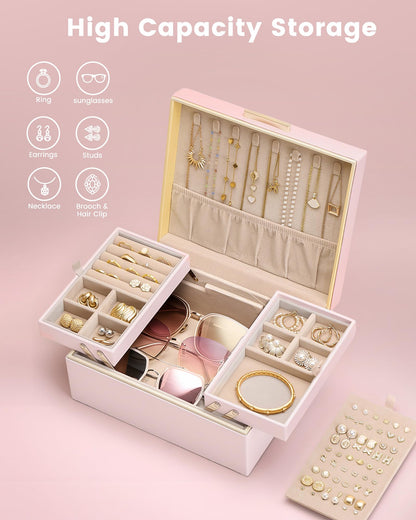Lolalet Jewelry Box Organizer for Women Girls, 2 Layer Jewelry Organizers and Storage for Necklace Earrings Rings Bracelets, Large Jewellery Holder Case Birthday Valentine Gifts -Pink